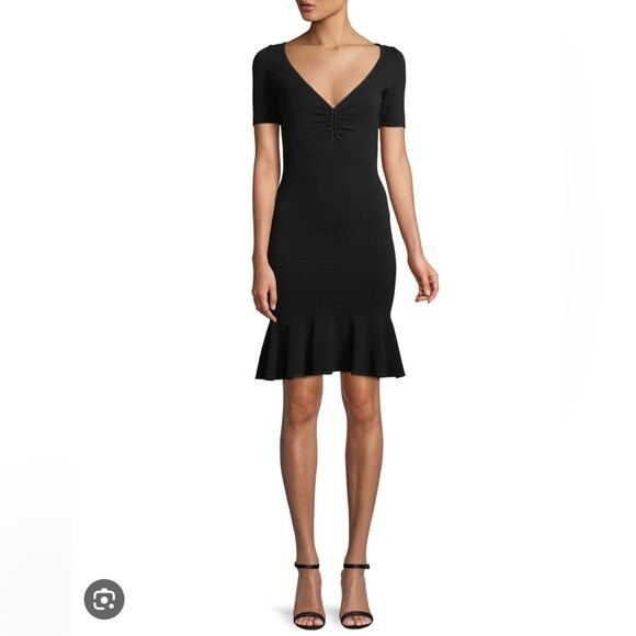 Milly Shirred V-Neck Flounce-Hem Dress In Black Size Small - Picture 4 of 5